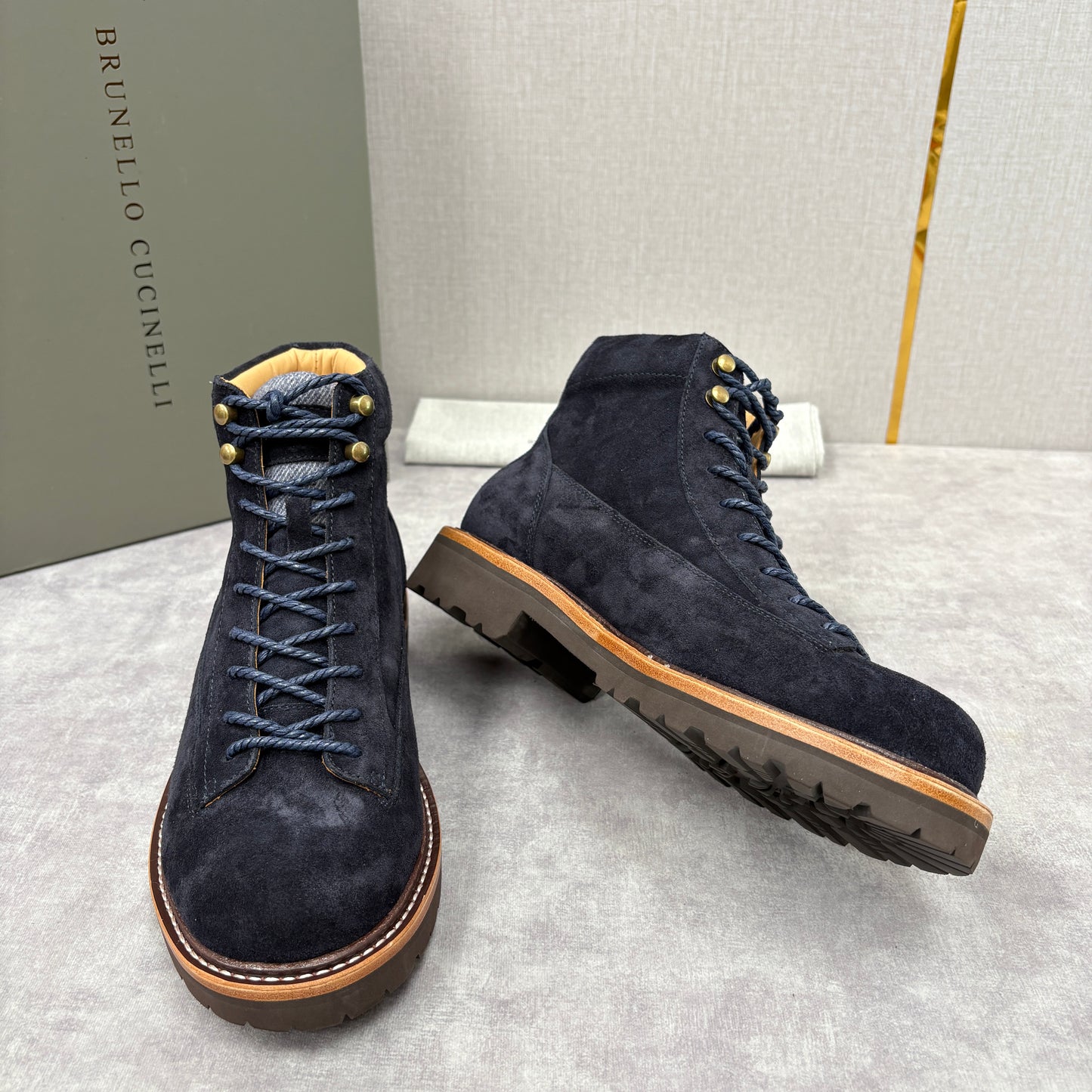 Tan, Dark brown and Navy blue Shoes