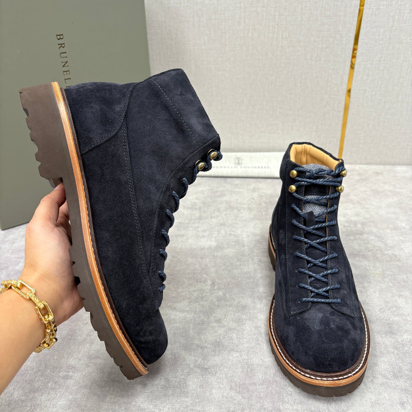 Tan, Dark brown and Navy blue Shoes