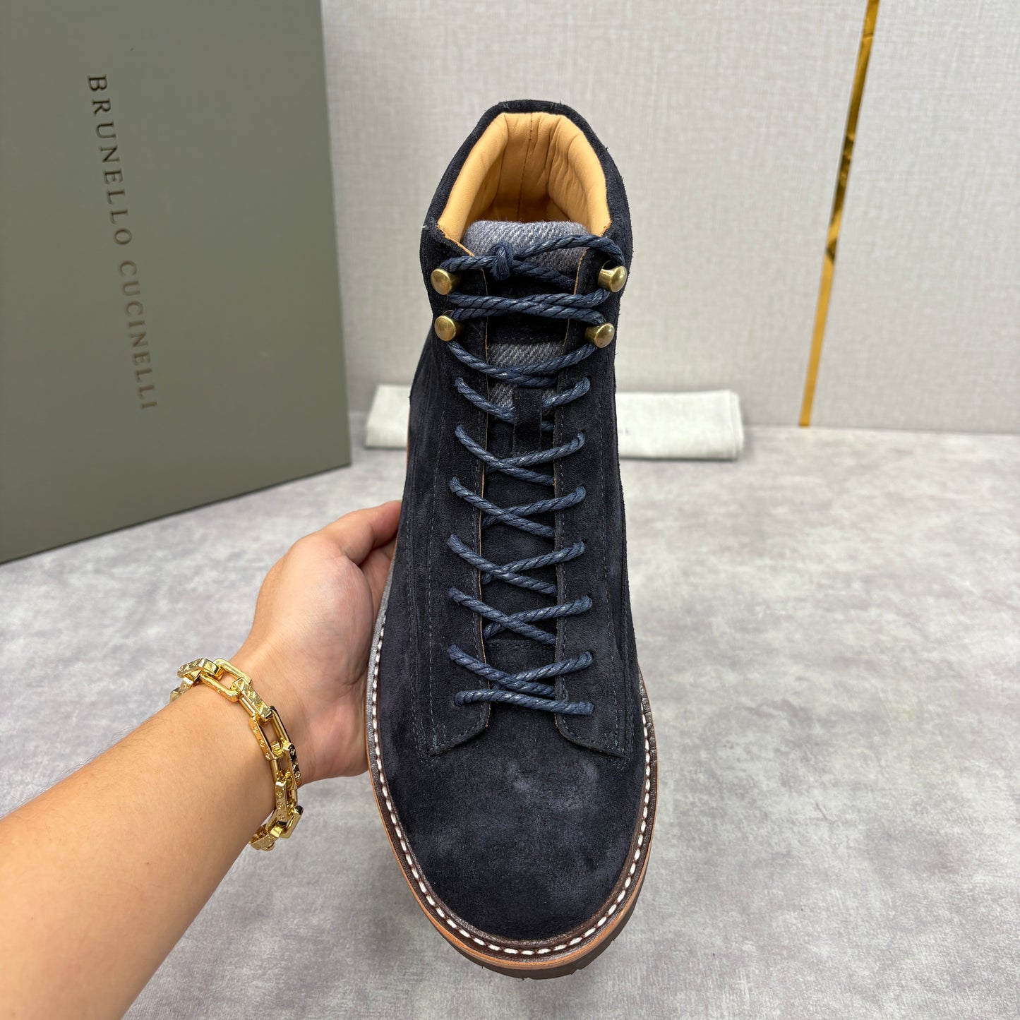 Tan, Dark brown and Navy blue Shoes