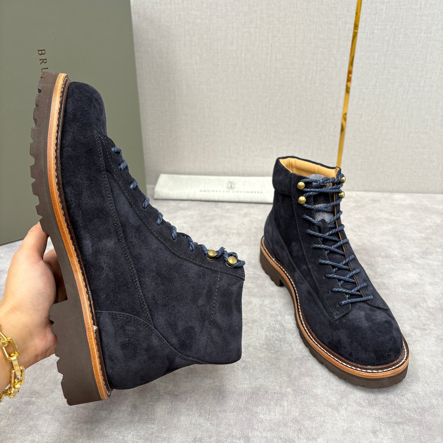 Tan, Dark brown and Navy blue Shoes