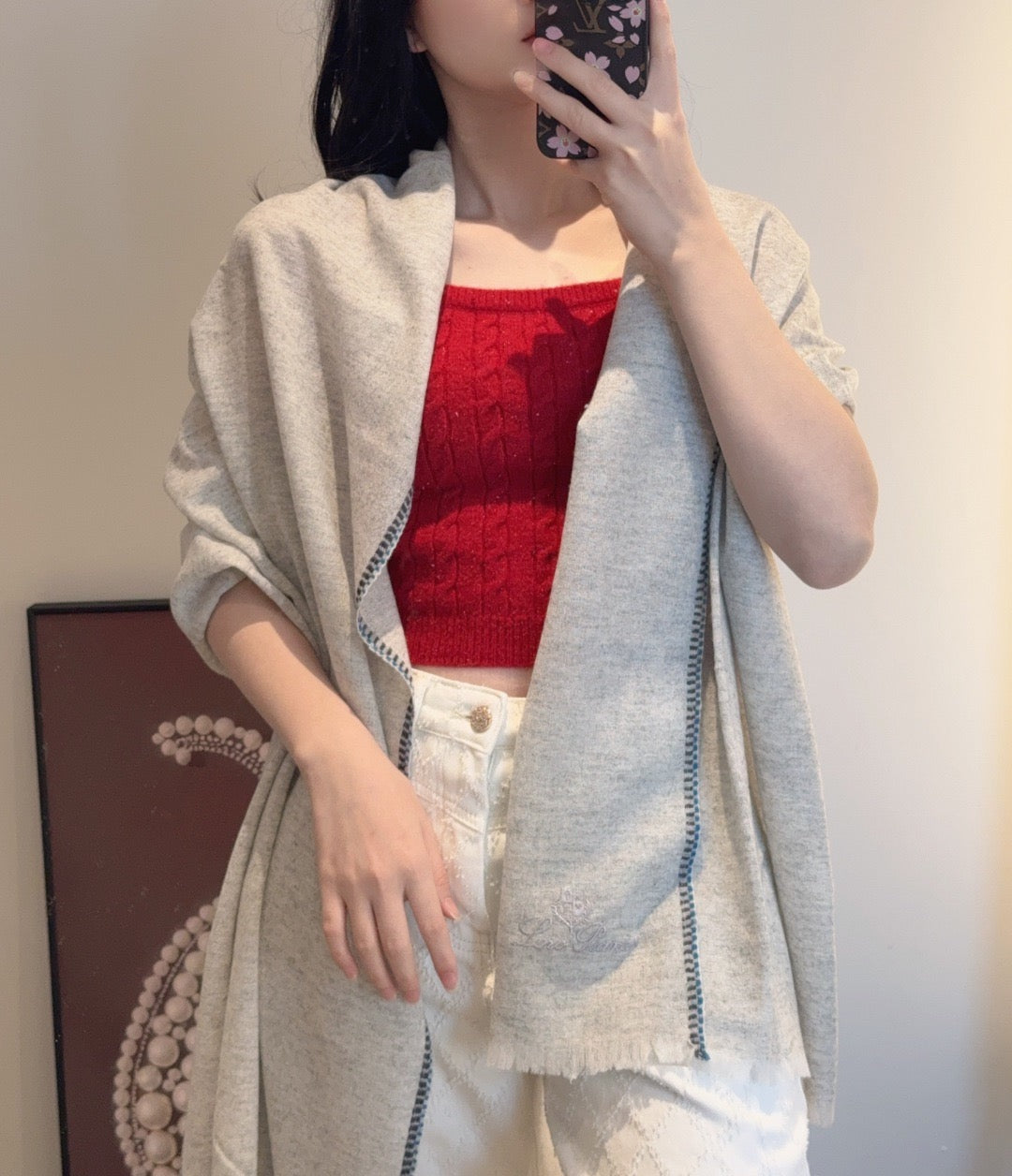 Soft peach, Light grey and Cream Scarf