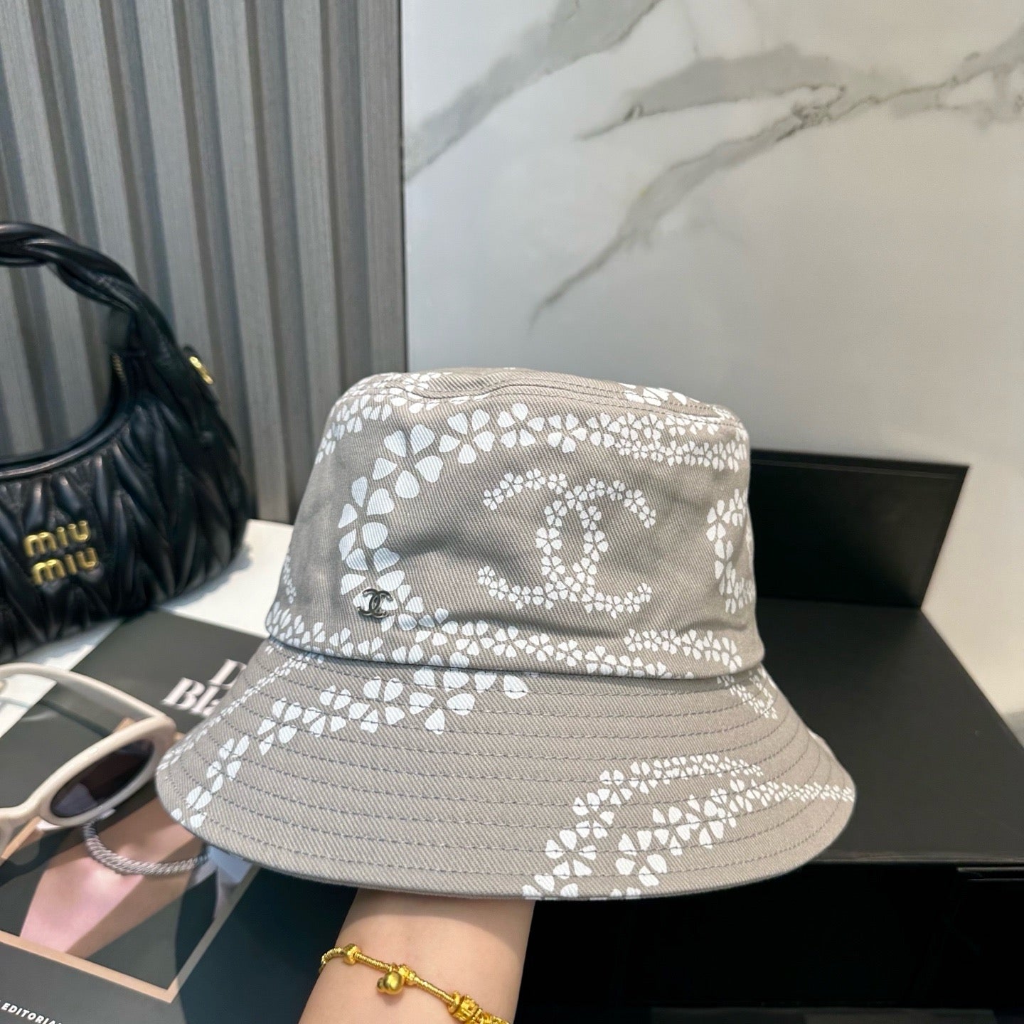 Taupe, Sky Blue and Black Hat