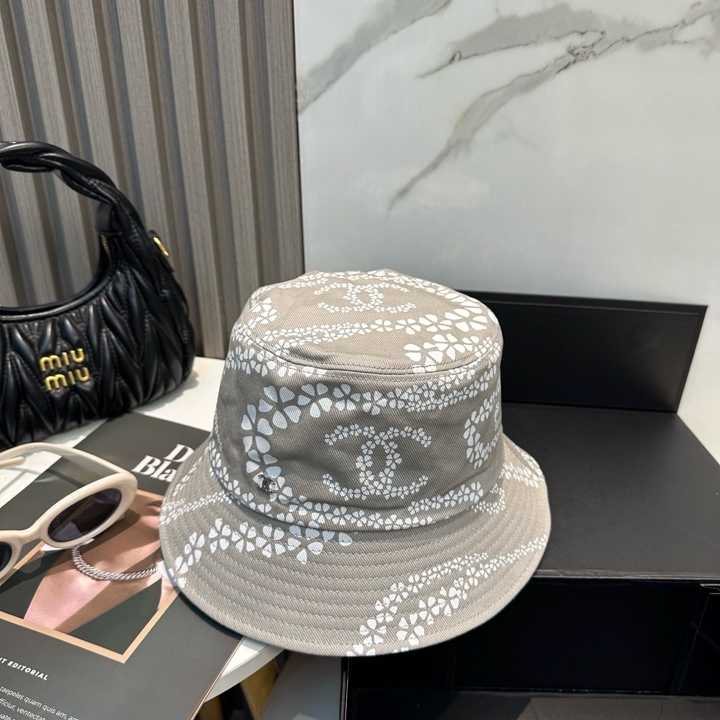 Taupe, Sky Blue and Black Hat