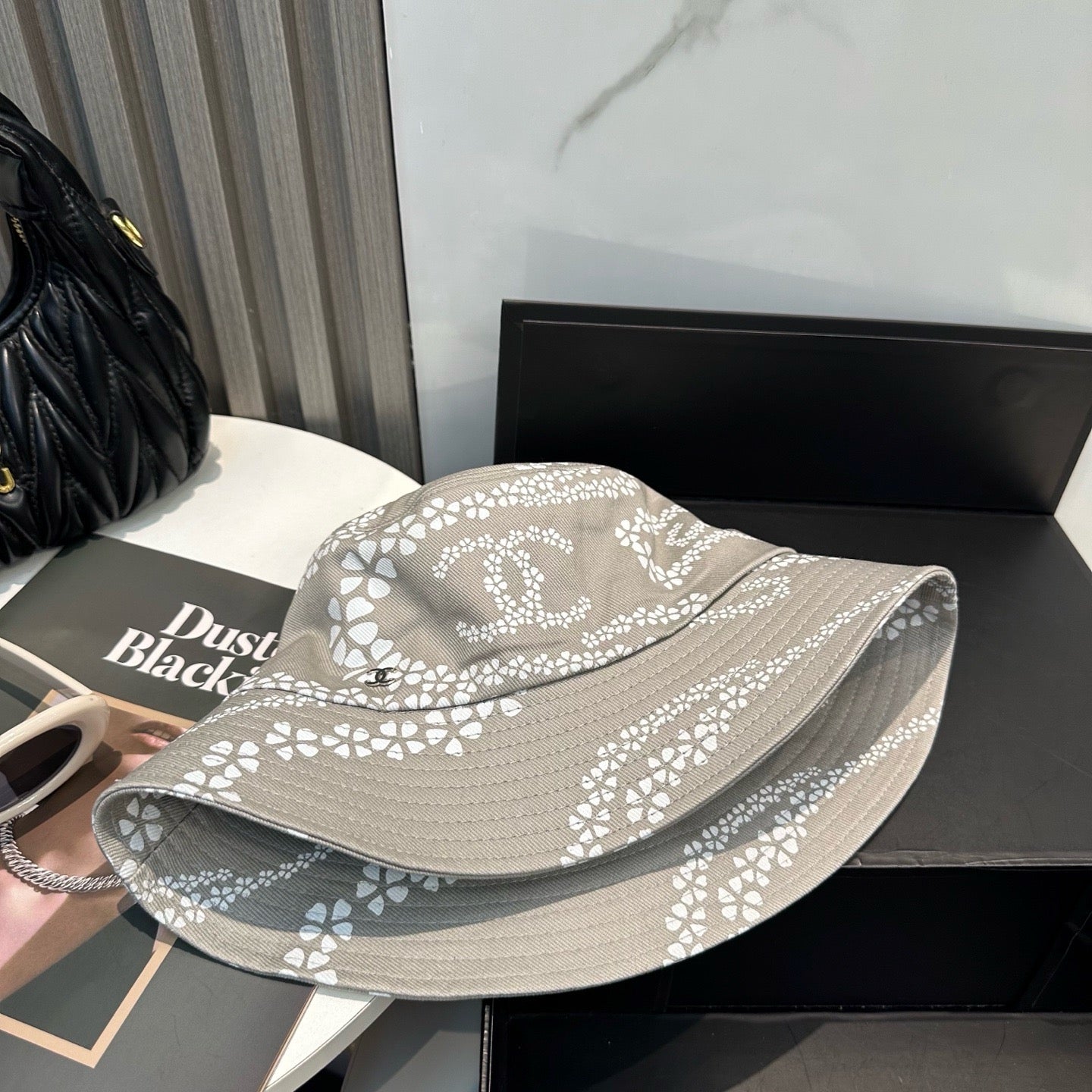 Taupe, Sky Blue and Black Hat
