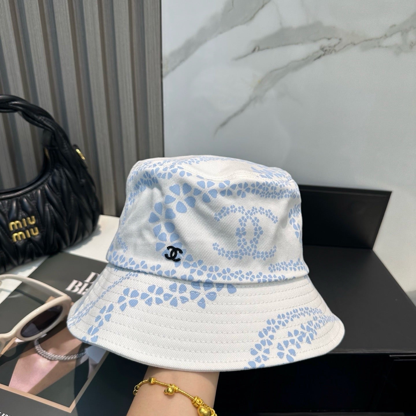 Taupe, Sky Blue and Black Hat