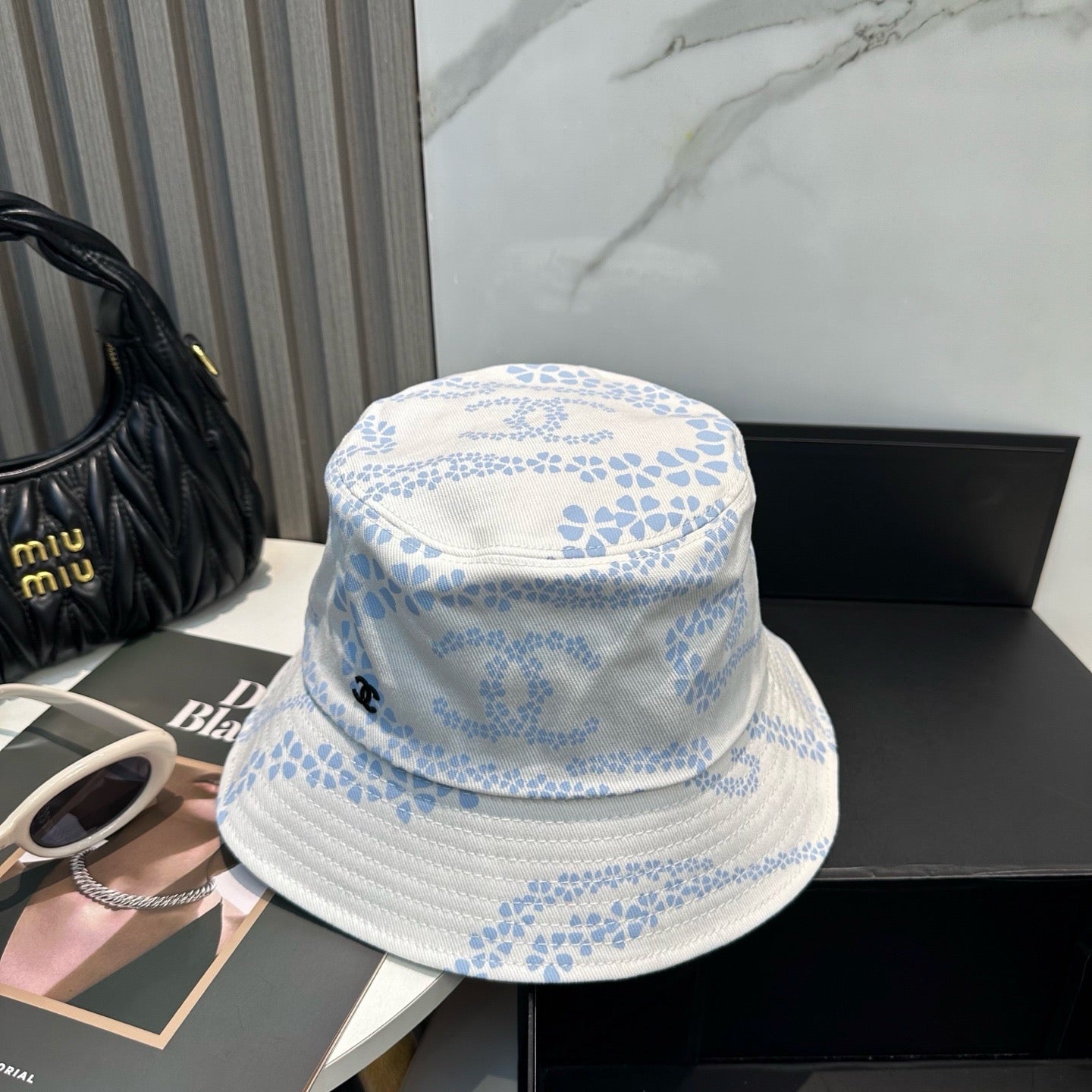 Taupe, Sky Blue and Black Hat