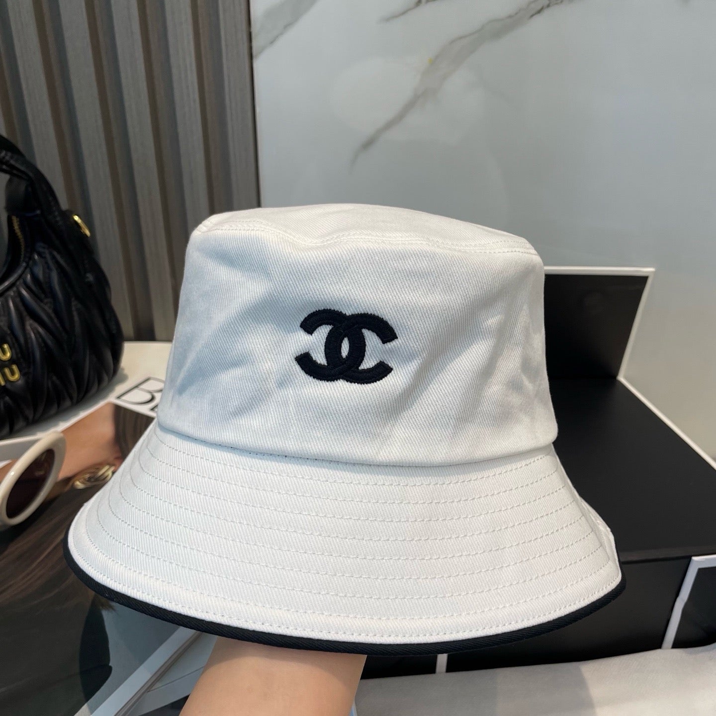 White, Navy blue and Black Hat