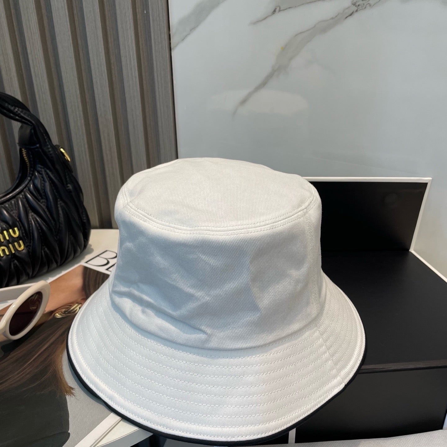 White, Navy blue and Black Hat