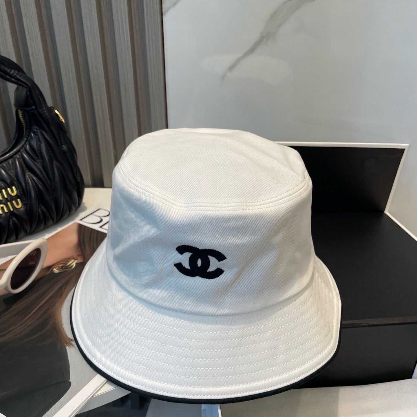 White, Navy blue and Black Hat