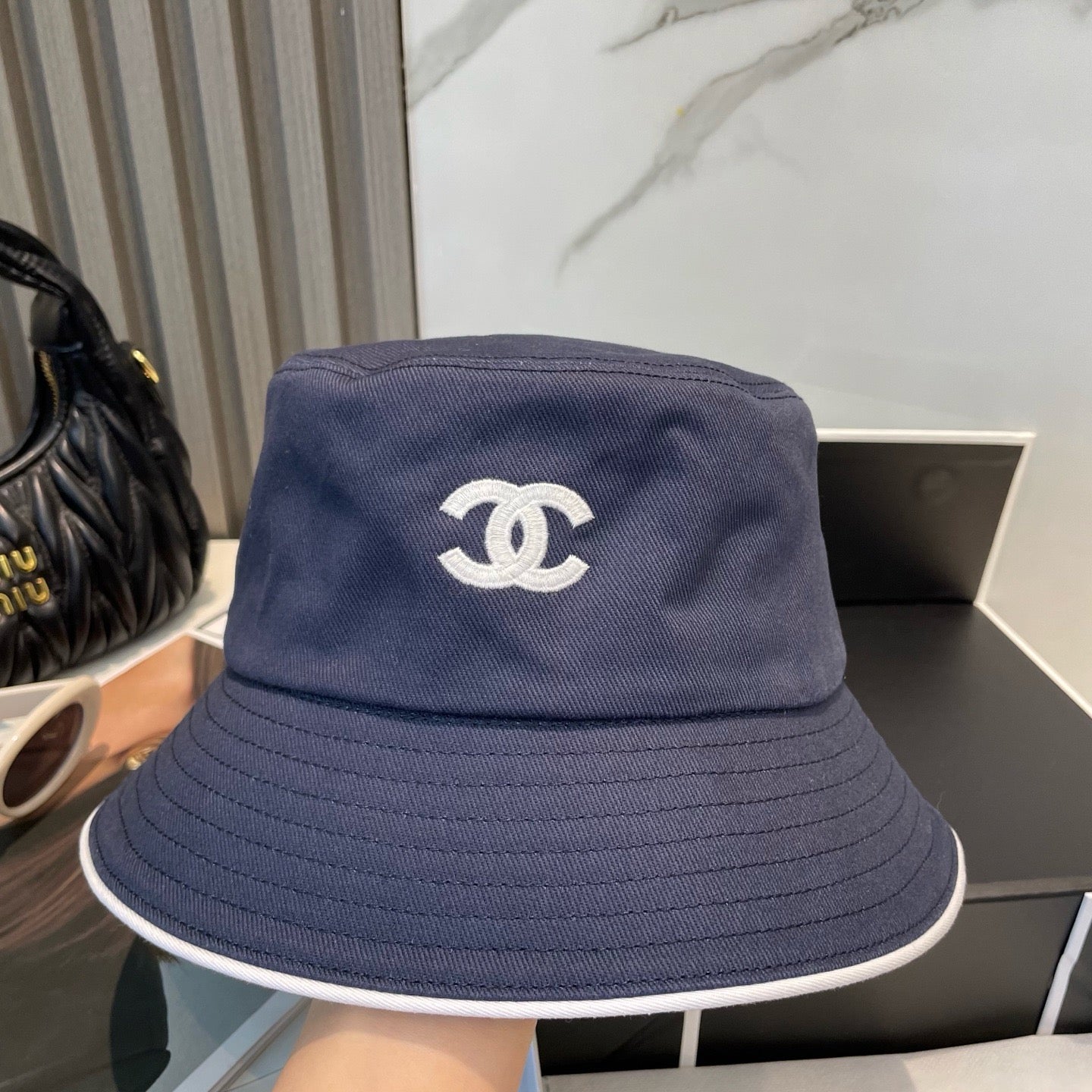 White, Navy blue and Black Hat