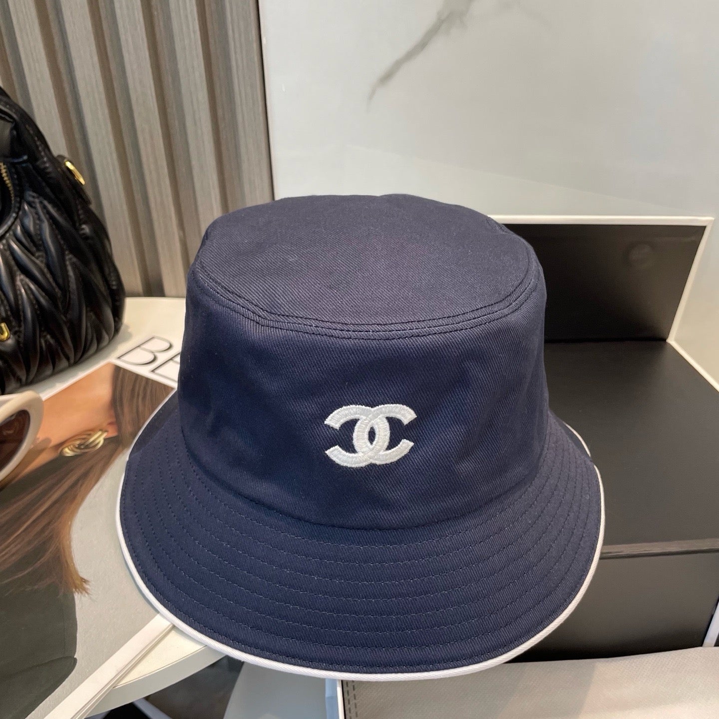 White, Navy blue and Black Hat