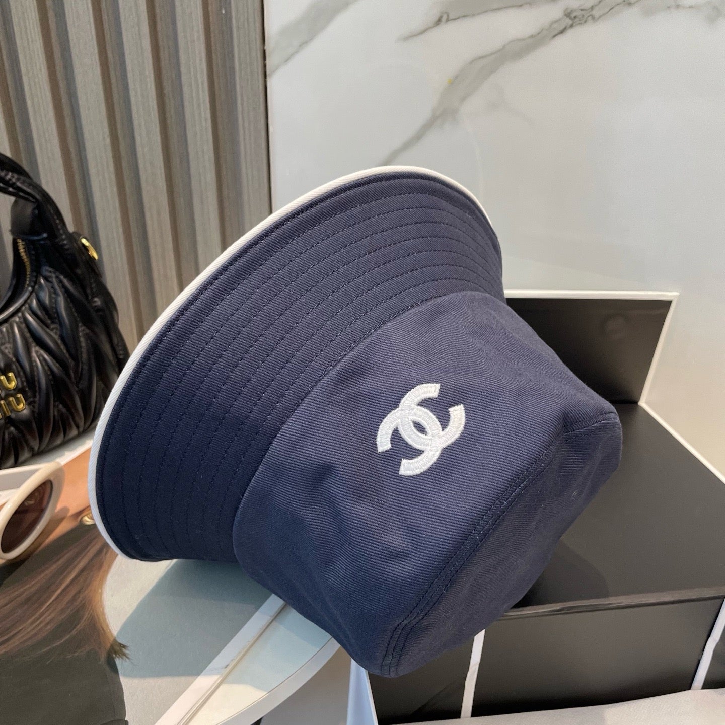 White, Navy blue and Black Hat