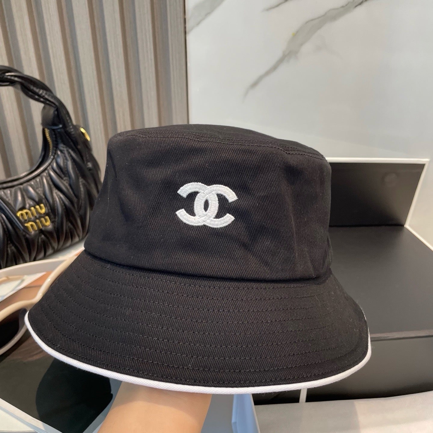 White, Navy blue and Black Hat
