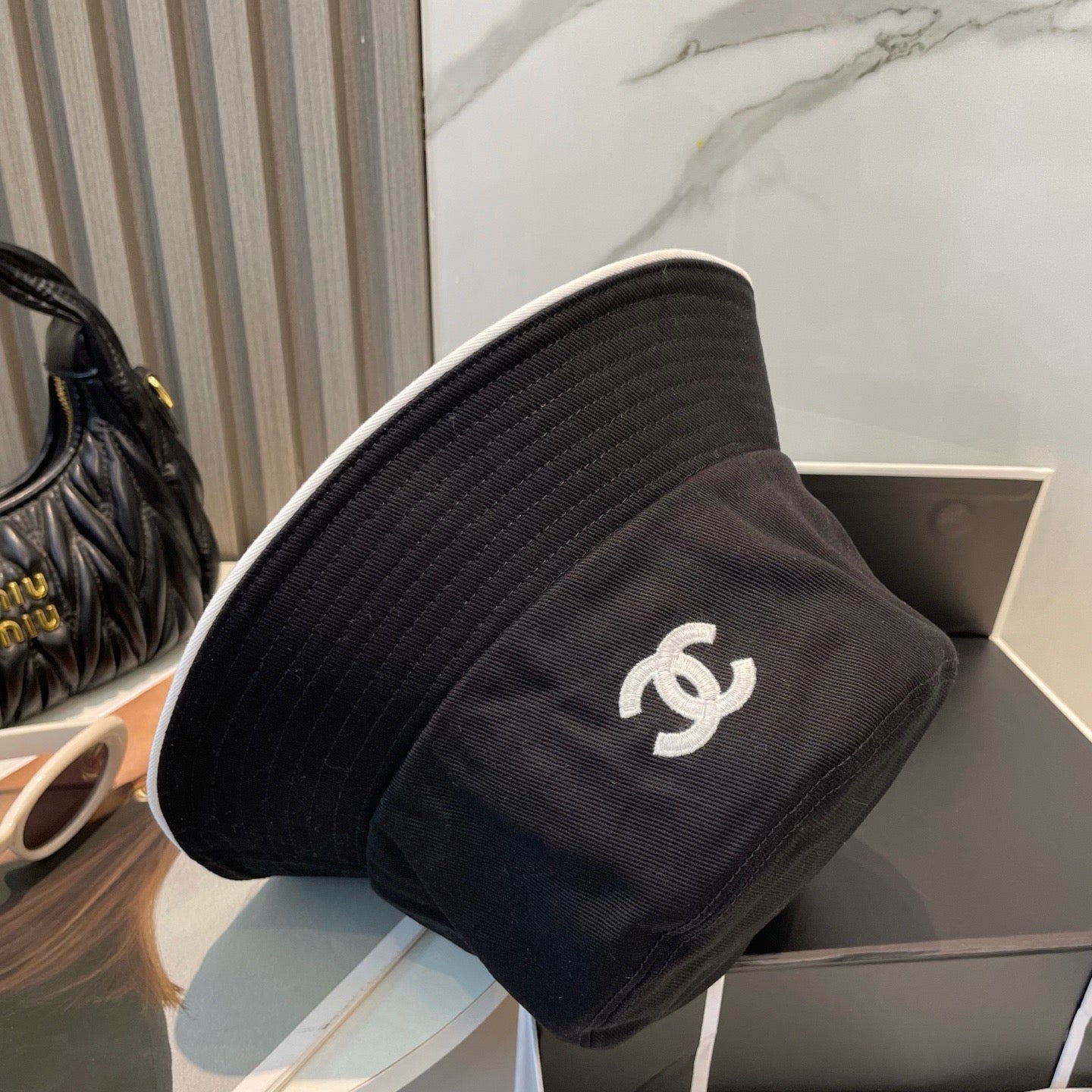 White, Navy blue and Black Hat
