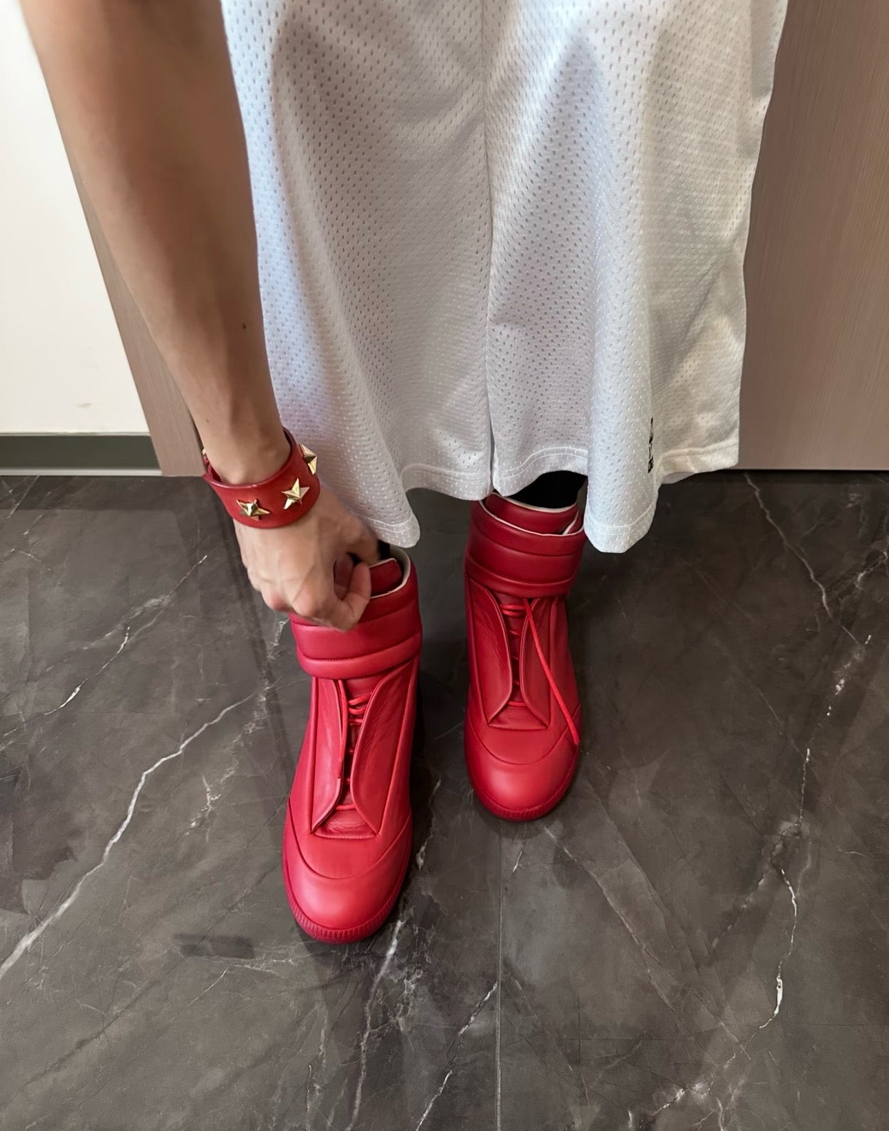 Blue, White, Red and Dark grey Shoes